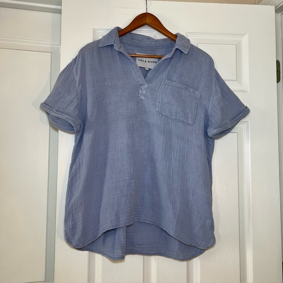 Lola River Short Sleeve Collared V-Neck Tunic Top - Picture 1 of 5